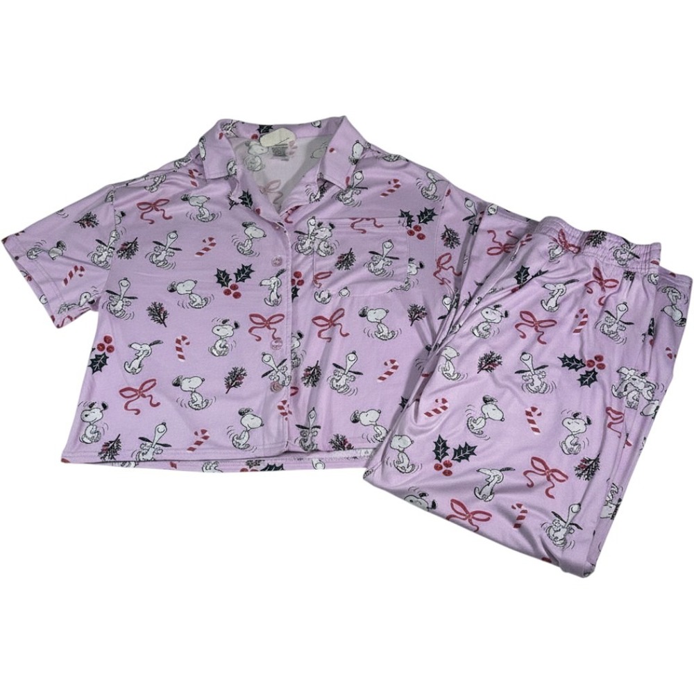 Munki Munki Peanuts Snoopy Christmas Pajama Set Women's M Pink Holiday Winter